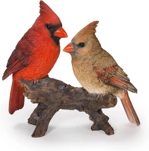 Multicolor Cardinal Couple on Stump Garden Statue, Gift Multicolor Cardinal Couple on Stump Garden Statue, Gift