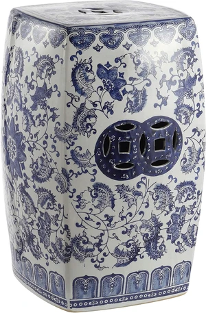 18.5" Ceramic Floral Vine Square Garden Stool, Blue/White 18.5" Ceramic Floral Vine Square Garden Stool, Blue/White