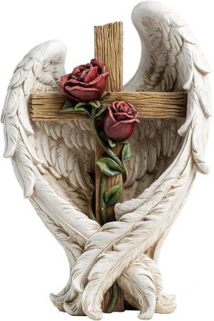 12" Angel Wings Embracing Cross & Rose Memorial Garden Statue for a Beloved One 12" Angel Wings Embracing Cross & Rose Memorial Garden Statue for a Beloved One