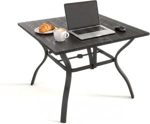 Wood-Grain Patio Outdoor Dining Table All-Weather Metal Square Table with Umbrella Hole, for Party, Lawn & Garden (37.8" x 37.8") Black Wood-Grain Patio Outdoor Dining Table All-Weather Metal Square Table with Umbrella Hole, for Party, Lawn & Garden (37.8" x 37.8") Black