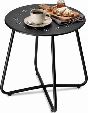Black Outdoor Side Table with Flower Cut-Outs Weather Resistant Steel Small Round Patio End Table for Yard, Balcony, Garden Black Outdoor Side Table with Flower Cut-Outs Weather Resistant Steel Small Round Patio End Table for Yard, Balcony, Garden