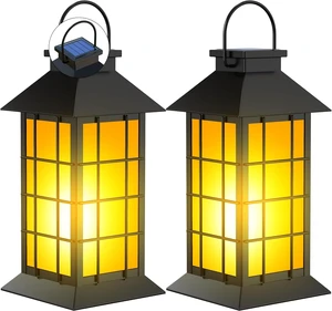 2 Pack 13" Black Solar Lanterns with Flickering Flame Candle 2 Pack 13" Black Solar Lanterns with Flickering Flame Candle