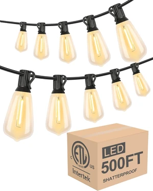 500FT Outdoor LED Bistro String Lights Shatterproof ST38 Bulbs, 2200K Dimmable, Waterproof for Porch, Party, Garden, Backyard, Balcony, ETL Listed 500FT Outdoor LED Bistro String Lights Shatterproof ST38 Bulbs, 2200K Dimmable, Waterproof for Porch, Party, Garden, Backyard, Balcony, ETL Listed