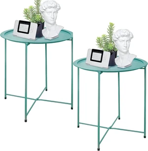 Set of 2 Round Folding Metal Side Tables Small Green Patio End Table for Outdoor & Living Room Set of 2 Round Folding Metal Side Tables Small Green Patio End Table for Outdoor & Living Room
