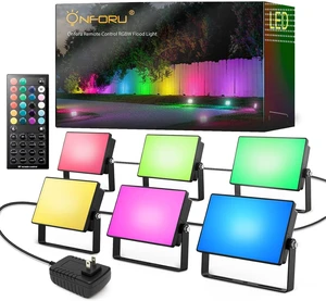 RGBW Flood Lights Outdoor with Remote 6 Units in 1 Cord, Plug-in RGBW Flood Lights Outdoor with Remote 6 Units in 1 Cord, Plug-in