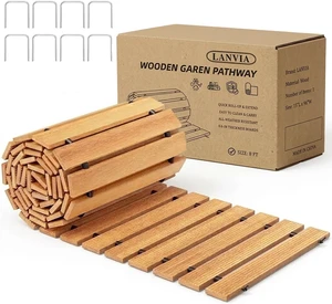 8 FT Roll-Out Wooden Garden Pathway Non-Slip Outdoor Walkway with Ground Stakes, Boardwalk Pavers for Backyard Decor & Lawn Landscaping, Natural 8 FT Roll-Out Wooden Garden Pathway Non-Slip Outdoor Walkway with Ground Stakes, Boardwalk Pavers for Backyard Decor & Lawn Landscaping, Natural