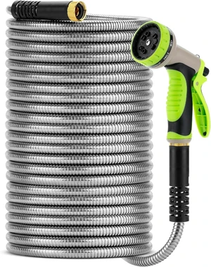 100 Ft No-Kink Metal Garden Hose with 10-Function Spray Nozzle 100 Ft No-Kink Metal Garden Hose with 10-Function Spray Nozzle