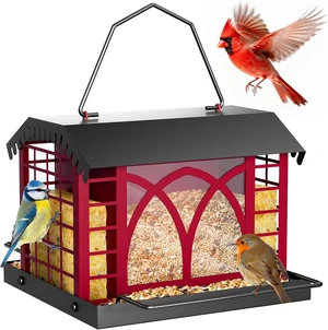 Hanging Metal Bird Feeder with Double Suet Cage & Weatherproof Roof 3.5 Lbs Capacity for Finches, Cardinals, Chickadees & Wild Birds, Berry Red Hanging Metal Bird Feeder with Double Suet Cage & Weatherproof Roof 3.5 Lbs Capacity for Finches, Cardinals, Chickadees & Wild Birds, Berry Red