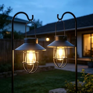 2 Pack Waterproof Solar Lanterns with Shepherd Hook Metal Edison Bulb Outdoor Lamp for Garden & Pathway Decor, Gift for Women/Mom (Black) 2 Pack Waterproof Solar Lanterns with Shepherd Hook Metal Edison Bulb Outdoor Lamp for Garden & Pathway Decor, Gift for Women/Mom (Black)