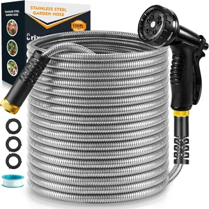 100 Ft Heavy Duty Metal Garden Hose with 10-Function Nozzle Flexible No-Kink, Pet-Proof & Puncture-Proof Stainless Steel Outdoor Water Hose 100 Ft Heavy Duty Metal Garden Hose with 10-Function Nozzle Flexible No-Kink, Pet-Proof & Puncture-Proof Stainless Steel Outdoor Water Hose