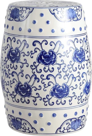 17.75" Blue/White Lotus Flower Chinoiserie Ceramic Drum Stool 17.75" Blue/White Lotus Flower Chinoiserie Ceramic Drum Stool