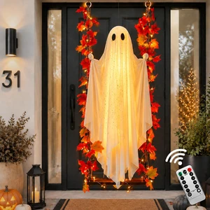5.3 Ft Hanging Ghost Halloween Decoration with Maple Leaf Swing & Light Indoor/Outdoor Decor for Tree, Yard, Porch & Garden 5.3 Ft Hanging Ghost Halloween Decoration with Maple Leaf Swing & Light Indoor/Outdoor Decor for Tree, Yard, Porch & Garden
