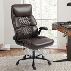 Ergonomic High Back Computer Desk Chair with Rocking Function & Lumbar Support Executive Wide Leather Swivel Chair with Flip-Up Armrests for Home Gaming Ergonomic High Back Computer Desk Chair with Rocking Function & Lumbar Support Executive Wide Leather Swivel Chair with Flip-Up Armrests for Home Gaming