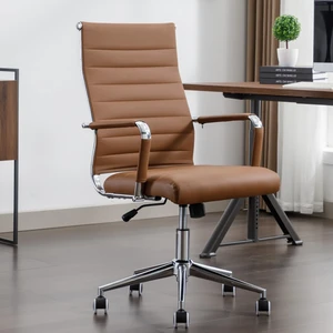 Modern Leather Executive Office Chair with Wheels High Back Ergonomic Ribbed Swivel Computer Chair for Conference Room (Brown) Modern Leather Executive Office Chair with Wheels High Back Ergonomic Ribbed Swivel Computer Chair for Conference Room (Brown)