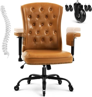 Ergonomic Executive Office Chair with Tufted Back & Nailhead Trim Faux Leather Swivel Work Chair with Wheels & Arms for Home Office, Camel Ergonomic Executive Office Chair with Tufted Back & Nailhead Trim Faux Leather Swivel Work Chair with Wheels & Arms for Home Office, Camel