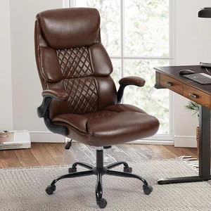 Ergonomic High Back Computer Desk Chair with Rocking Function & Lumbar Support Wide Executive Leather Swivel Rolling Chair with Flip-Up Armrests for Home Gaming Ergonomic High Back Computer Desk Chair with Rocking Function & Lumbar Support Wide Executive Leather Swivel Rolling Chair with Flip-Up Armrests for Home Gaming