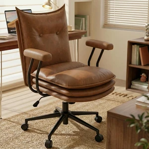 Brown Leather Home Office Chair with Triple-Layer Seat Desk Chair Brown Leather Home Office Chair with Triple-Layer Seat Desk Chair