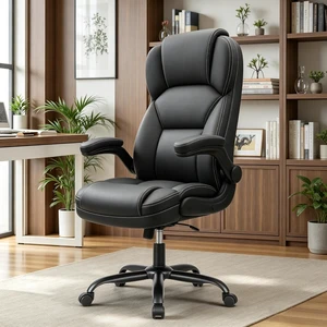 PU Leather Office Desk Chair with Flip-Up Armrests, Black PU Leather Office Desk Chair with Flip-Up Armrests, Black