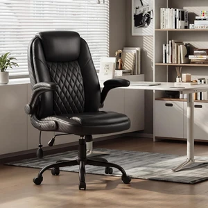 Leather Comfy Office Chair Computer Desk Chair with Adjustable Lumbar Support, Thick Cushion, Flip-Up Arms & Ergonomic Back, for Home Office Gaming, Black Leather Comfy Office Chair Computer Desk Chair with Adjustable Lumbar Support, Thick Cushion, Flip-Up Arms & Ergonomic Back, for Home Office Gaming, Black