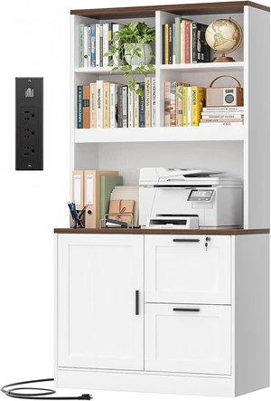 Vertical File Cabinet Bookcase with Printer Stand & Charging Station, White Vertical File Cabinet Bookcase with Printer Stand & Charging Station, White