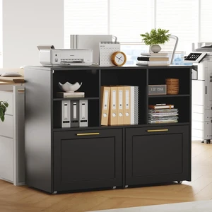 Lateral File Cabinet with 2 Drawers Modern Filing Cabinet with Open Storage Cubes, Fits Letter/A4 Size, Wooden Printer Stand, Black Lateral File Cabinet with 2 Drawers Modern Filing Cabinet with Open Storage Cubes, Fits Letter/A4 Size, Wooden Printer Stand, Black