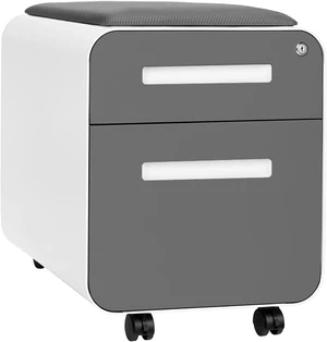 STOCKPILE Mini Seated 2 Drawer Mobile File Cabinet with Removable Magnetic Cushion Seat Short Version, Pre-Assembled Metal, Dark Grey Face with Grey Cushion STOCKPILE Mini Seated 2 Drawer Mobile File Cabinet with Removable Magnetic Cushion Seat Short Version, Pre-Assembled Metal, Dark Grey Face with Grey Cushion
