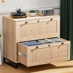 Wood Rattan 2 Drawer Lateral File Cabinet with Lock Lockable Cabinet with Rustic Metal Handles for Hanging Letter/A4/Legal Folders, Oak, 30W x 16D x 28H Wood Rattan 2 Drawer Lateral File Cabinet with Lock Lockable Cabinet with Rustic Metal Handles for Hanging Letter/A4/Legal Folders, Oak, 30W x 16D x 28H
