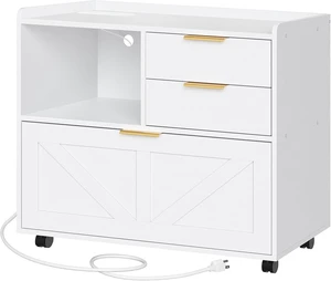 Lateral Wooden Office File Cabinet Storage Drawers with Charging Station for A4/Letter/Legal Files, Printer Stand with Open Storage, White WT37UWJ01 Lateral Wooden Office File Cabinet Storage Drawers with Charging Station for A4/Letter/Legal Files, Printer Stand with Open Storage, White WT37UWJ01