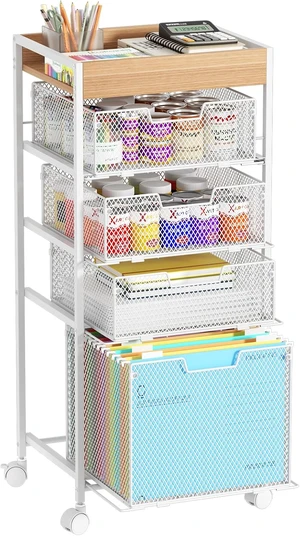 Rolling File Cart with Drawers 5 Tier Art Craft Rolling Organizer, Mobile Metal File Cabinet for Office & Home, White Rolling File Cart with Drawers 5 Tier Art Craft Rolling Organizer, Mobile Metal File Cabinet for Office & Home, White