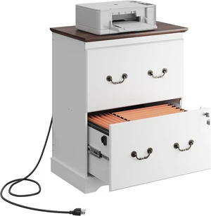 2 Drawer File Cabinet with Charging Station & Lock Wood Lateral Printer Stand for Home Office Storage, White 2 Drawer File Cabinet with Charging Station & Lock Wood Lateral Printer Stand for Home Office Storage, White