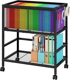 Rolling File Cart for Letter Size Metal Hanging File Organizer with Storage Shelf, 2-Tier Mobile with 360° Wheels & Hooks, Black Rolling File Cart for Letter Size Metal Hanging File Organizer with Storage Shelf, 2-Tier Mobile with 360° Wheels & Hooks, Black