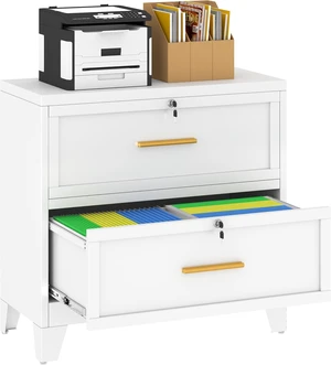 Metal Lateral File Cabinet with Lock 2 Drawer Steel Wide Filing Cabinet for Legal/Letter/A4/F4 Size with Hanging Files & Key, White Metal Lateral File Cabinet with Lock 2 Drawer Steel Wide Filing Cabinet for Legal/Letter/A4/F4 Size with Hanging Files & Key, White