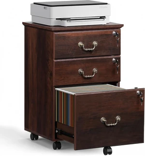 3 Drawer Wood File Cabinet with Lock, Brown Oak 3 Drawer Wood File Cabinet with Lock, Brown Oak