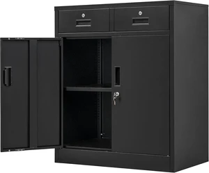 Metal Storage Cabinet 36" H Locking Cabinet with 2 Drawers & Adjustable Shelf for Office, Garage, Home-Black Metal Storage Cabinet 36" H Locking Cabinet with 2 Drawers & Adjustable Shelf for Office, Garage, Home-Black