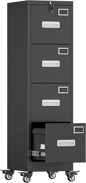 4 Drawer Metal File Cabinet with Lock & Wheels, Black 4 Drawer Metal File Cabinet with Lock & Wheels, Black