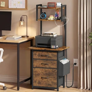 3 Drawer File Cabinet with Charging Station 49''H Tall 3-Tier Small Cabinet for Home Office, 20''*15'' for Small Printer, Fabric Drawer, Rustic Brown 3 Drawer File Cabinet with Charging Station 49''H Tall 3-Tier Small Cabinet for Home Office, 20''*15'' for Small Printer, Fabric Drawer, Rustic Brown