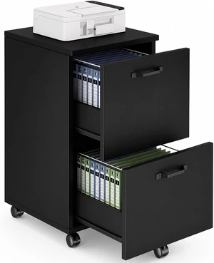 2 Drawer Small Rolling Wood File Cabinet, Black 2 Drawer Small Rolling Wood File Cabinet, Black
