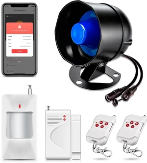 WiFi Wireless Security Alarm System Kit with 120dB Loud Weatherproof Siren, Remote Control, Door Contact & Motion Sensor for Home, Hotel, Garage, Shop WiFi Wireless Security Alarm System Kit with 120dB Loud Weatherproof Siren, Remote Control, Door Contact & Motion Sensor for Home, Hotel, Garage, Shop