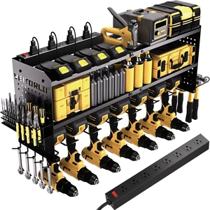 Large Power Tool Organizer with Charging Station, 3 Layer Heavy Duty Modular Wall Mount Rack, 9 Drill Holders, 8-Outlet Power Strip for Garage Workshop Large Power Tool Organizer with Charging Station, 3 Layer Heavy Duty Modular Wall Mount Rack, 9 Drill Holders, 8-Outlet Power Strip for Garage Workshop