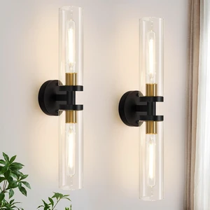 22" Black & Gold Hardwired Bathroom Wall Sconces, Set of 2 Modern Clear Glass Light Fixtures for Bathroom Mirror, Living Room, Hallway, Bedroom 22" Black & Gold Hardwired Bathroom Wall Sconces, Set of 2 Modern Clear Glass Light Fixtures for Bathroom Mirror, Living Room, Hallway, Bedroom