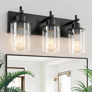3-Light Modern Farmhouse Vanity Light, Black Vintage Wall Fixture with Clear Glass Shades for Bathroom, Bedroom & Hallway 3-Light Modern Farmhouse Vanity Light, Black Vintage Wall Fixture with Clear Glass Shades for Bathroom, Bedroom & Hallway