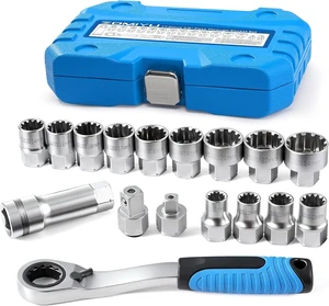 3/8 & 1/2 Drive Pass-Through Socket Set, 17-PC Metric Go-Thru Ratchet Kit, Low Profile Cr-V with Extension & Adapters 3/8 & 1/2 Drive Pass-Through Socket Set, 17-PC Metric Go-Thru Ratchet Kit, Low Profile Cr-V with Extension & Adapters