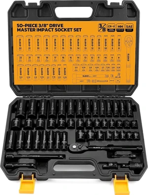 3/8" Drive Impact Socket Set, 50-PC SAE (5/16"-3/4") & Metric (8-22mm), 6-Point CR-V Deep & Shallow with Ratchet 3/8" Drive Impact Socket Set, 50-PC SAE (5/16"-3/4") & Metric (8-22mm), 6-Point CR-V Deep & Shallow with Ratchet