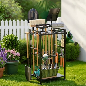Garden Tool Organizer with Feet, Holds Up to 35 Long-Handled Tools, Black Garden Tool Organizer with Feet, Holds Up to 35 Long-Handled Tools, Black