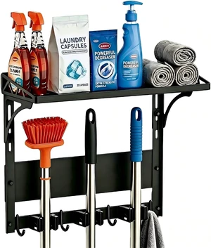 Heavy Duty Anti-Slip Magnetic Broom Holder Tool Rack with Top Utility Shelf, Easy Assembly Broom & Mop Organizer for Refrigerator, Metal Cabinet, Laundry Room & Kitchen, 3-Clamps 4-Hooks Heavy Duty Anti-Slip Magnetic Broom Holder Tool Rack with Top Utility Shelf, Easy Assembly Broom & Mop Organizer for Refrigerator, Metal Cabinet, Laundry Room & Kitchen, 3-Clamps 4-Hooks