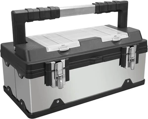 19" Portable Stainless Steel & Plastic Tool Box Organizer Metal Lock, Multiple Compartments, Clear Lid & Removable Trays, Stainless Steel/Black 19" Portable Stainless Steel & Plastic Tool Box Organizer Metal Lock, Multiple Compartments, Clear Lid & Removable Trays, Stainless Steel/Black