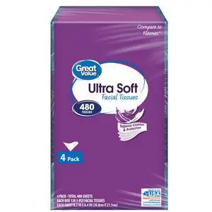 Great Value Ultra Soft Facial Tissues, 4 Flat Cartons, 120 Tissues per Carton, 3-Ply, Compare to Kleenex® Great Value Ultra Soft Facial Tissues, 4 Flat Cartons, 120 Tissues per Carton, 3-Ply, Compare to Kleenex®