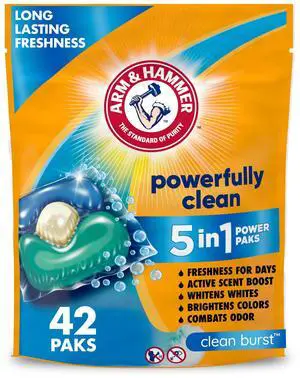 ARM & HAMMER Clean Burst 5-in-1 Laundry Detergent Power Paks, Powerfully Clean, Clean Burst Scent, 42 Count ARM & HAMMER Clean Burst 5-in-1 Laundry Detergent Power Paks, Powerfully Clean, Clean Burst Scent, 42 Count