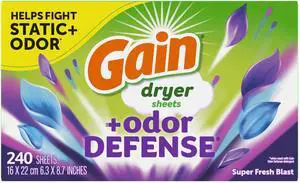 Gain Fabric Softener Dryer Sheets +Odor Defense, Super Fresh Blast Scent, 240 Count Gain Fabric Softener Dryer Sheets +Odor Defense, Super Fresh Blast Scent, 240 Count