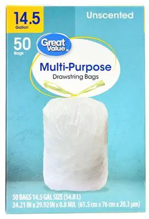 Great Value Drawstring Trash Bags, 14.5 gal, Unscented, 50 Bags Great Value Drawstring Trash Bags, 14.5 gal, Unscented, 50 Bags